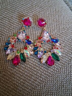 Abrand Multicolor Crystal Drop Earrings with Hot Pink Accents